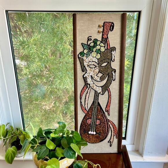 Vintage Mid-Century Gravel Art Wall Hanging – Abstract Musician with Lute - Picture 6 of 16
